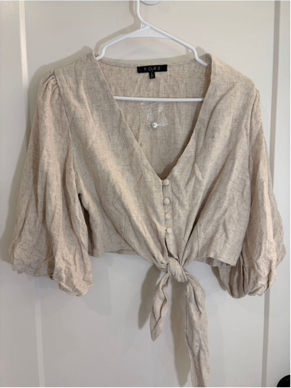 Women's FORE Linen Blend V-Neck Tie Front Puff Sleeve Crop Top Size Large